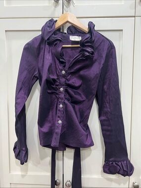 Tradition metallic purple button up with a tie for waist and rhinestone buttons